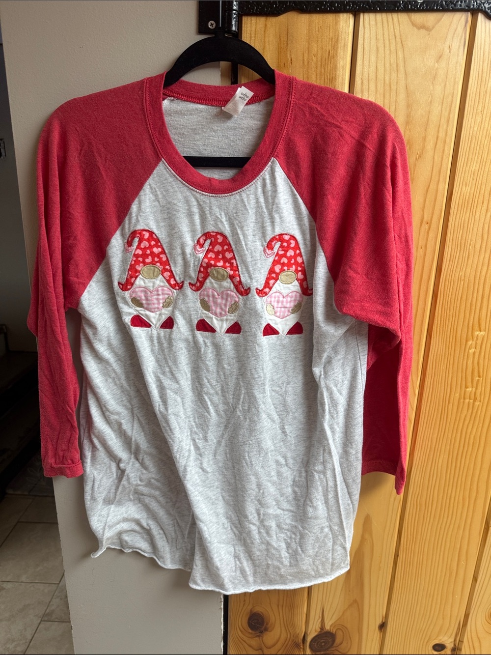 Next Level Apparel Red and Gray Raglan Gnome Heart Long Sleeve Tee